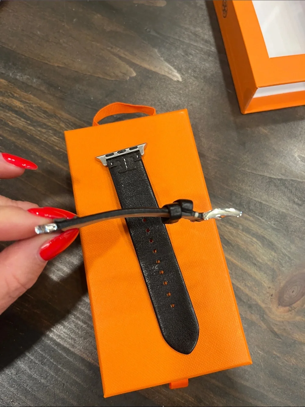 Tory Burch Black Leather Apple Watch Band with Silver Hardware